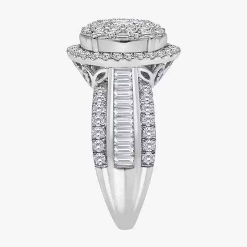 (I / I1) Womens 2 CT. T.W. Lab Grown White Diamond 10K Gold Oval Side Stone Engagement Ring