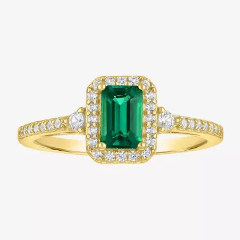 Yes, Please! Womens Lab Created Green Emerald 14K Gold Over Silver Halo Side Stone Cocktail Ring