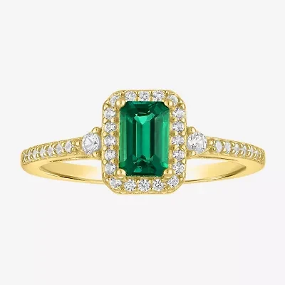 Yes, Please! Womens Lab Created Green Emerald 14K Gold Over Silver Halo Side Stone Cocktail Ring