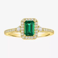 Yes, Please! Womens Lab Created Green Emerald 14K Gold Over Silver Halo Side Stone Cocktail Ring