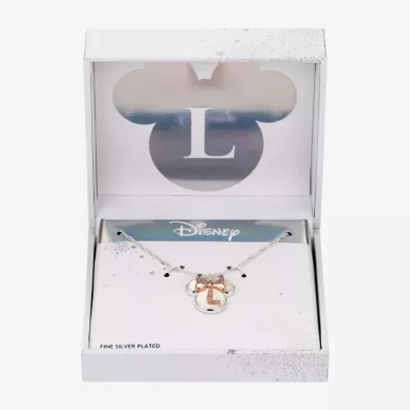 Disney Classics Initial Womens White Mother Of Pearl 14k Rose Gold Over Brass Pure Silver Bow 16 Inch Pendant Necklace