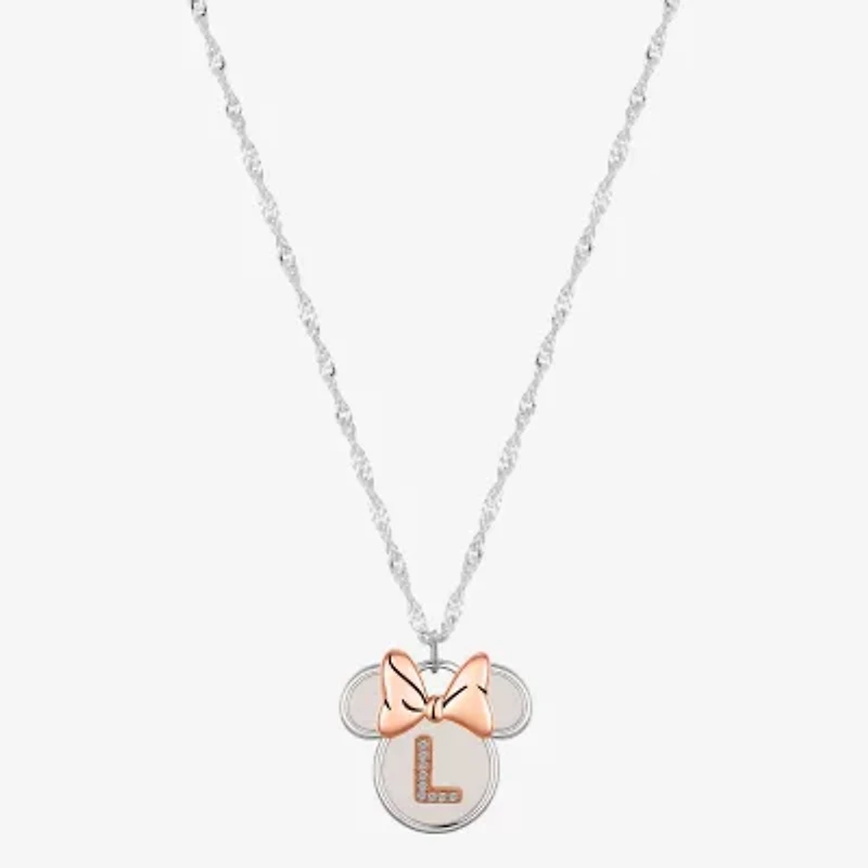 Disney Classics Initial Womens White Mother Of Pearl 14k Rose Gold Over Brass Pure Silver Bow 16 Inch Pendant Necklace