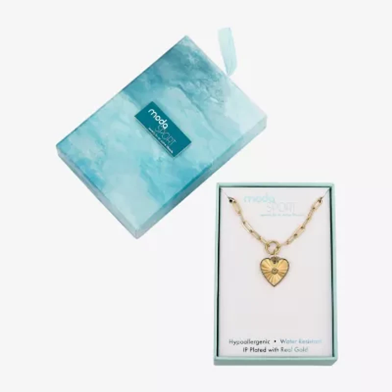 Moda Sport Hypoallergenic Water-Resistant Womens Cubic Zirconia 14K Gold Over Stainless Steel Heart Hypoallergenic 16 Inch Pendant Necklace