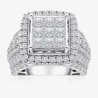 Womens 4 CT. T.W. Natural White Diamond 10K White Gold Cushion Halo Engagement Ring