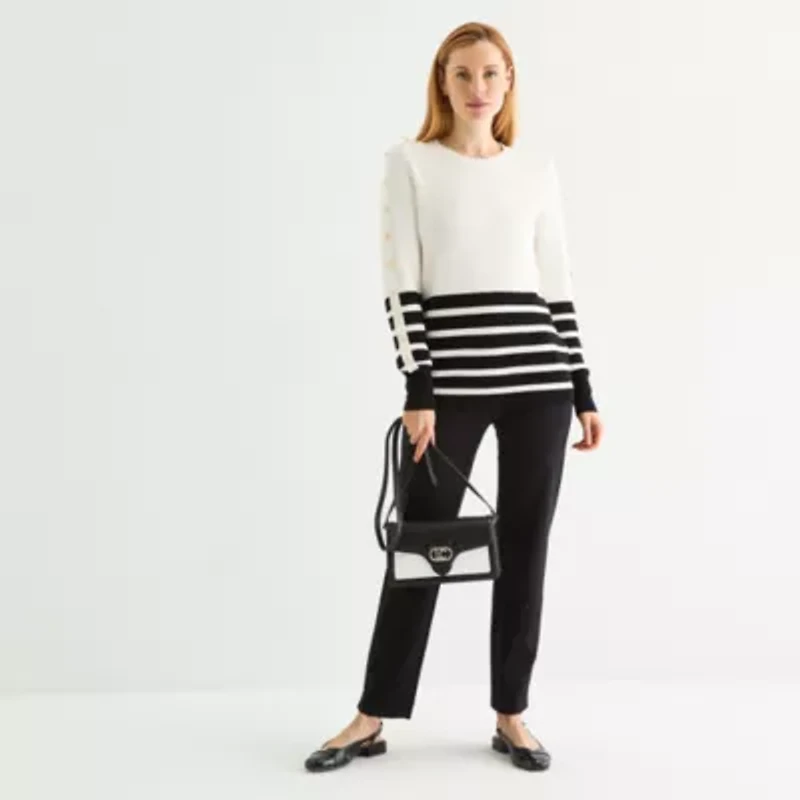 Liz Claiborne Tall Womens Crew Neck Long Sleeve Striped Pullover Sweater