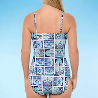 Liz Claiborne Womens Comfort Straps Shirred Patchwork Tankini Swimsuit Top