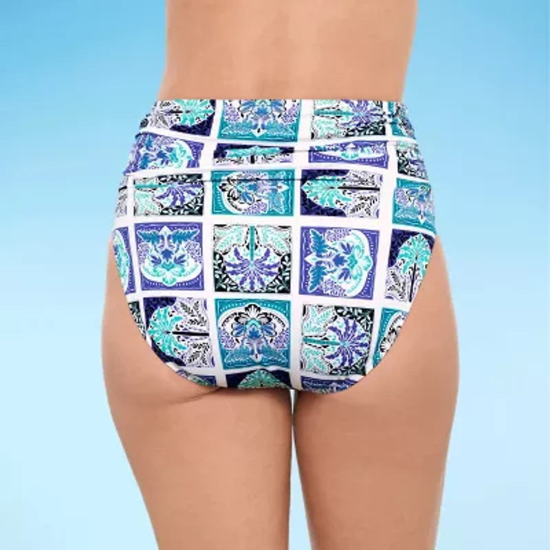 Liz Claiborne Womens Comfort Waistband Patchwork High Waist Bikini Swimsuit Bottom