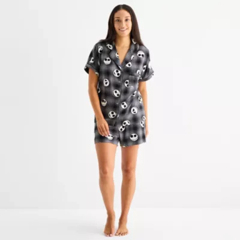 Disney Mjc Womens Easy-on + Easy-off Nightmare Before Christmas Knit Short Sleeve 2-pc. Pajama Shorts