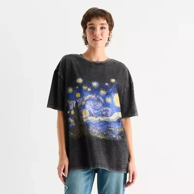 New World Starry Night Oversized Tee Womens Juniors Crew Neck Short Sleeve Graphic T-Shirt