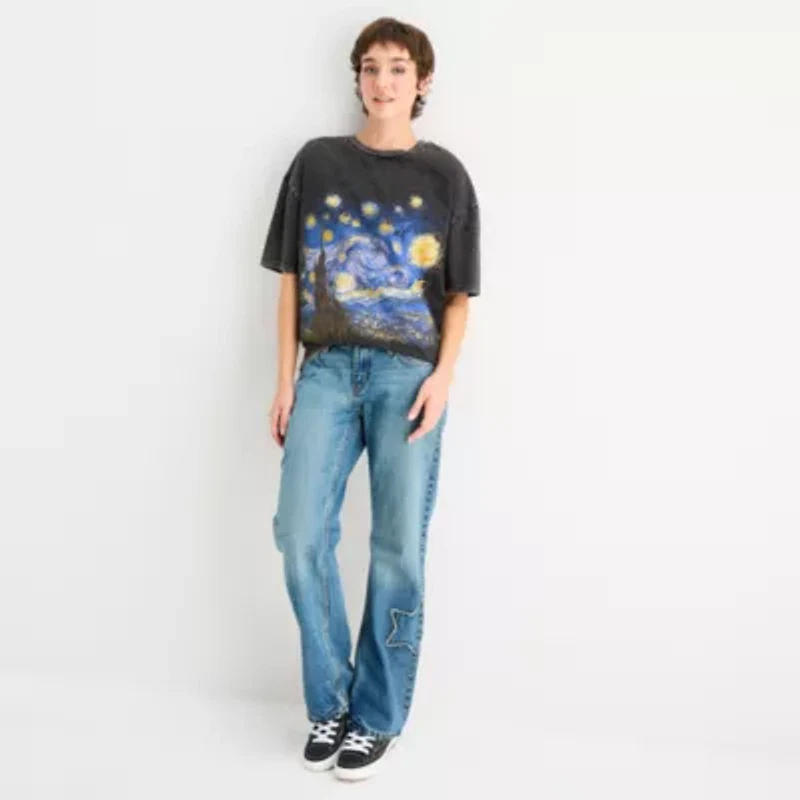 New World Starry Night Oversized Tee Womens Juniors Crew Neck Short Sleeve Graphic T-Shirt
