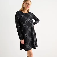 R & K Originals Womens Long Sleeve Plaid Shift Dress