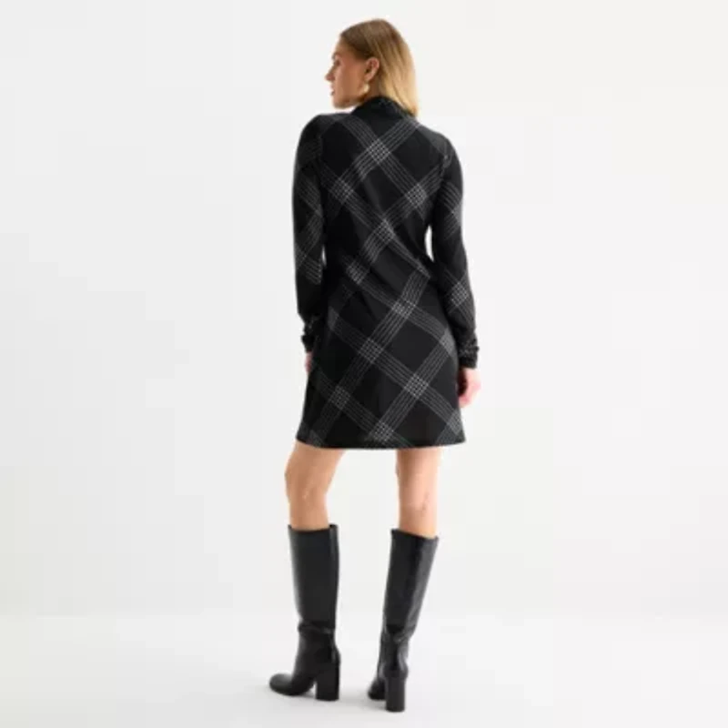 R & K Originals Womens Long Sleeve Plaid Shift Dress