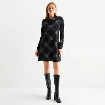 R & K Originals Womens Long Sleeve Plaid Shift Dress