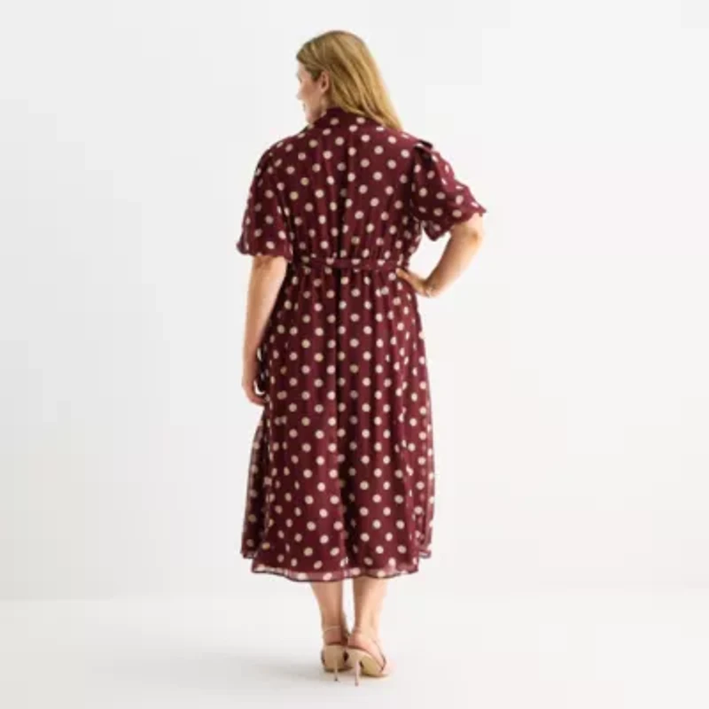 52seven Womens Short Sleeve Dots Midi Plus Fit + Flare Dress
