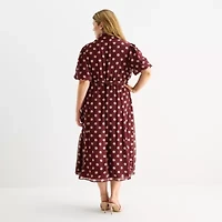 52seven Womens Short Sleeve Dots Midi Plus Fit + Flare Dress