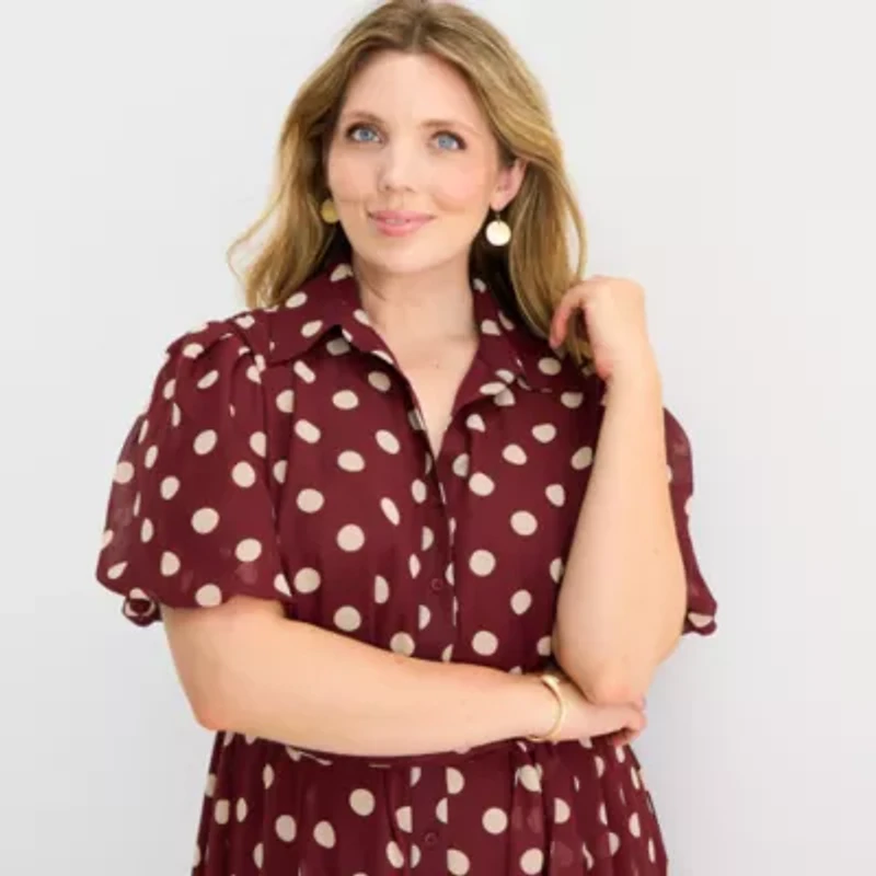 52seven Womens Short Sleeve Dots Midi Plus Fit + Flare Dress