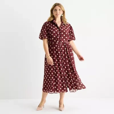 52seven Womens Short Sleeve Dots Midi Plus Fit + Flare Dress