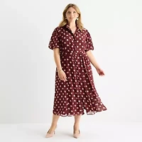 52seven Womens Short Sleeve Dots Midi Plus Fit + Flare Dress