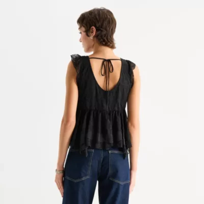 Arizona Womens Juniors U Neck Sleeveless Regular Fit Button-Down Shirt