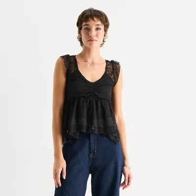 Arizona Womens Juniors U Neck Sleeveless Regular Fit Button-Down Shirt