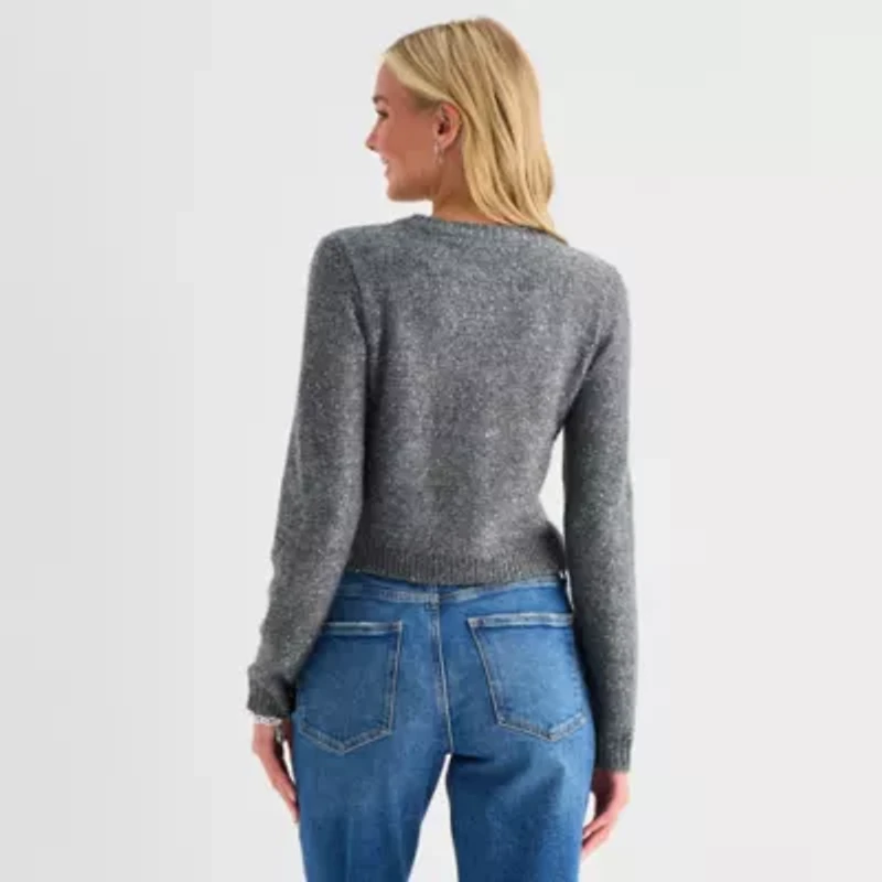 Arizona Womens Crew Neck Long Sleeve Button Juniors Cardigan