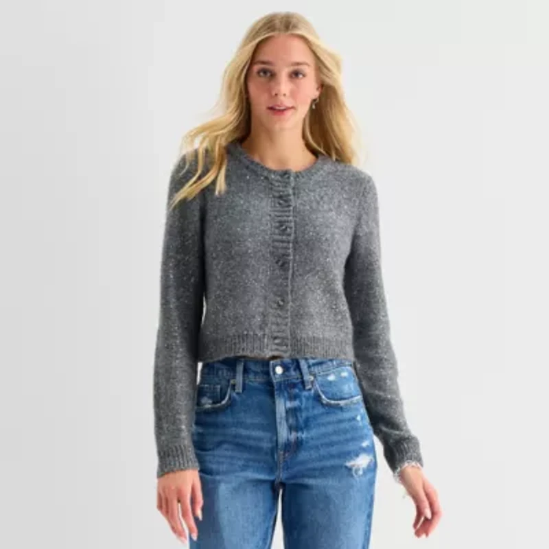 Arizona Womens Crew Neck Long Sleeve Button Juniors Cardigan