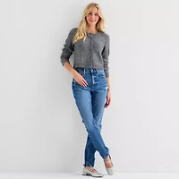 Arizona Womens Crew Neck Long Sleeve Button Juniors Cardigan