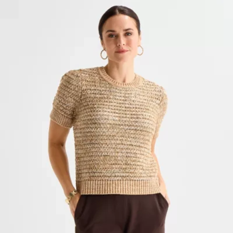 Liz Claiborne Womens Crew Neck Short Sleeve Pullover Sweater