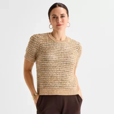 Liz Claiborne Womens Crew Neck Short Sleeve Pullover Sweater