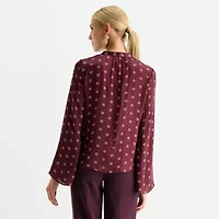 Worthington Womens V Neck Long Sleeve Satin Blouse