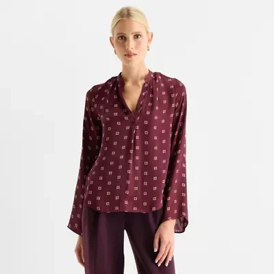 Worthington Womens V Neck Long Sleeve Satin Blouse