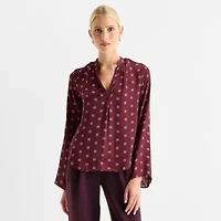 Worthington Womens V Neck Long Sleeve Satin Blouse
