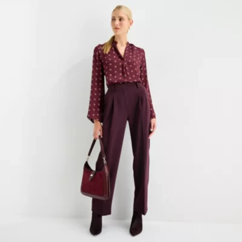 Worthington Womens V Neck Long Sleeve Satin Blouse