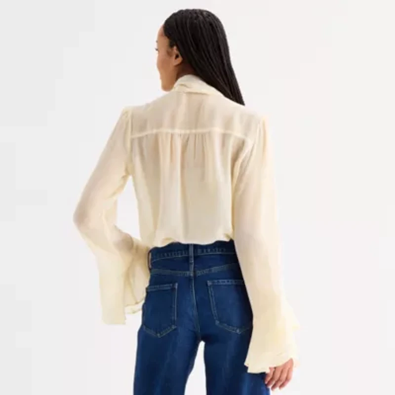 a.n.a Womens Split Tie Neck Long Sleeve Blouse