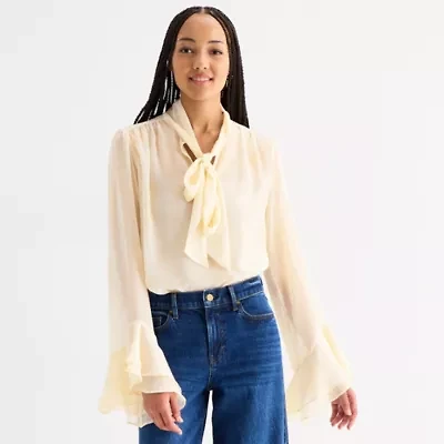 a.n.a Womens Split Tie Neck Long Sleeve Blouse