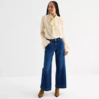 a.n.a Womens Split Tie Neck Long Sleeve Blouse