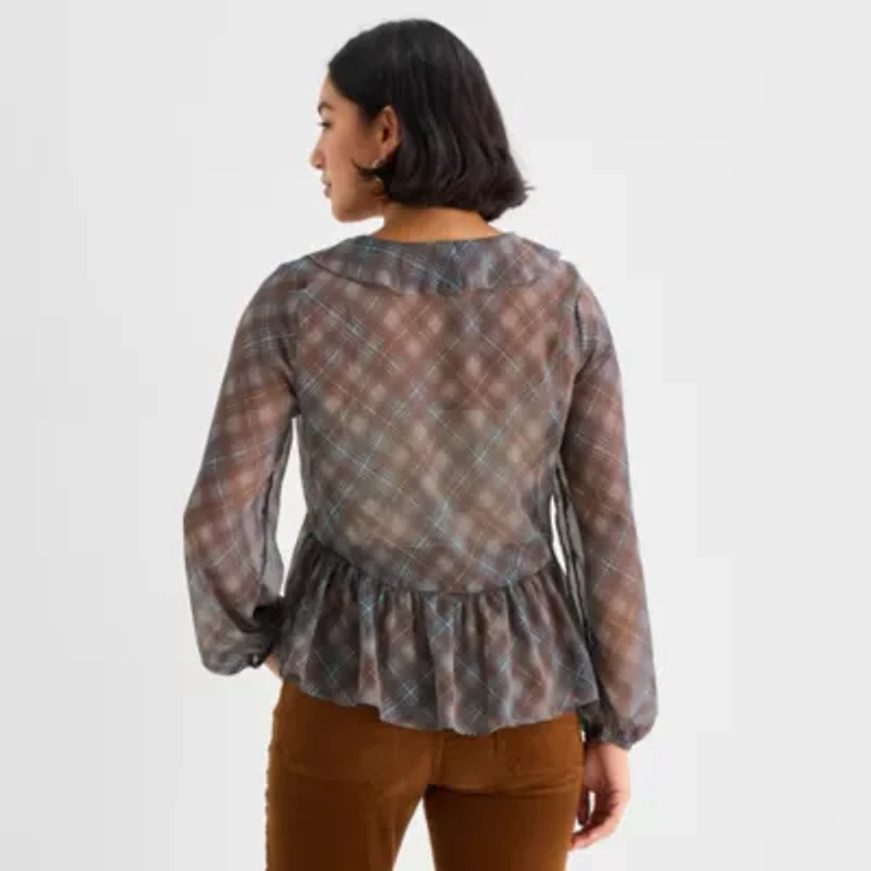 a.n.a Womens Split Tie Neck Long Sleeve Blouse