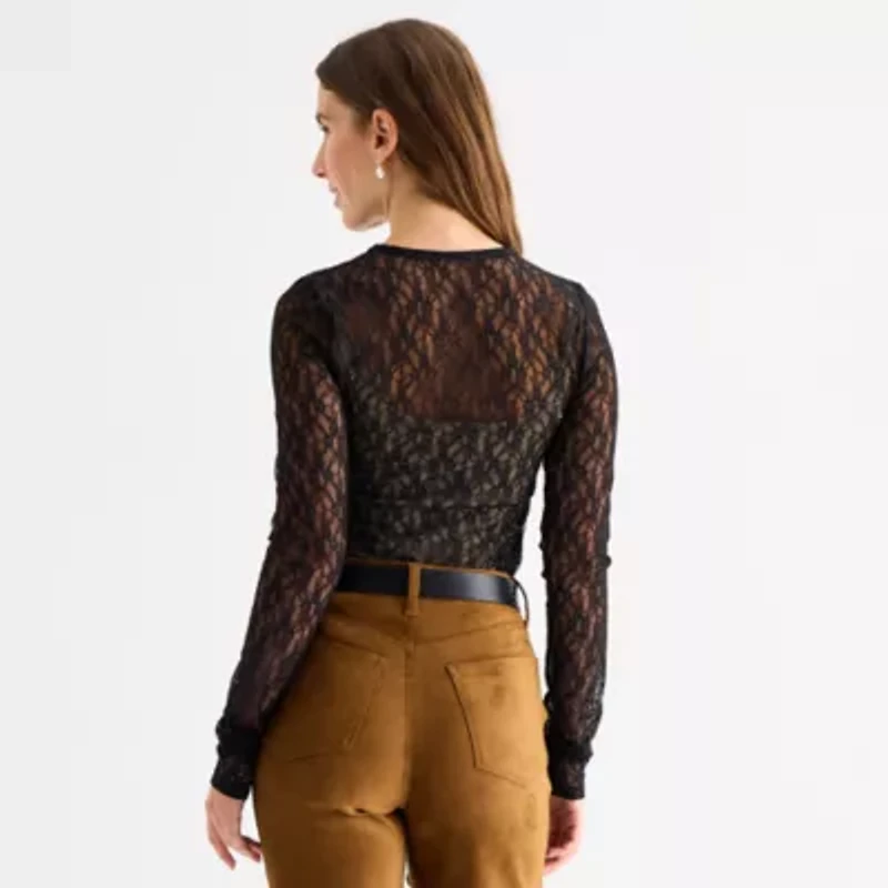 a.n.a Sheer Womens Round Neck Long Sleeve T-Shirt