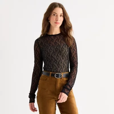 a.n.a Sheer Womens Round Neck Long Sleeve T-Shirt