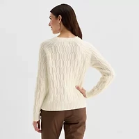 St. John's Bay Womens Crew Neck Long Sleeve Striped Cable Knit Pullover Sweater