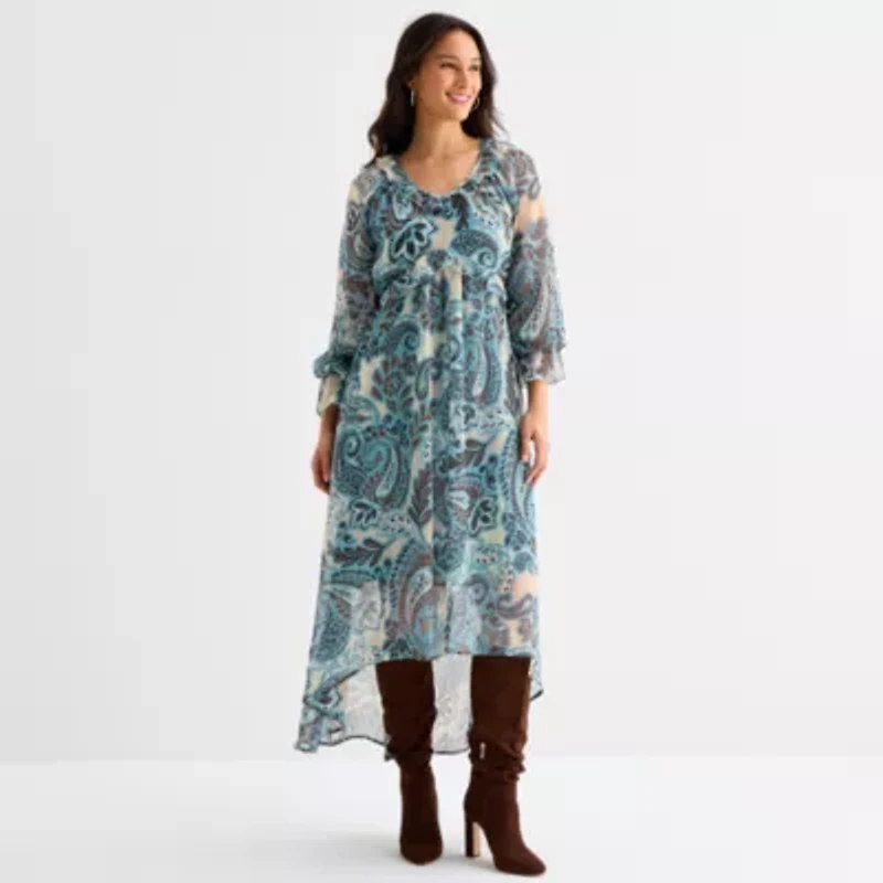 a.n.a Womens Long Sleeve High-Low Paisley A-Line Dress