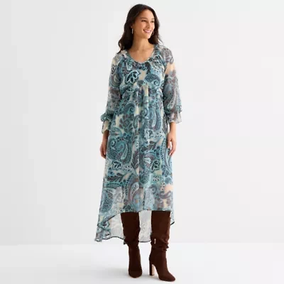 a.n.a Womens Long Sleeve High-Low Paisley A-Line Dress
