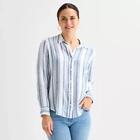 Liz Claiborne Womens Cuffed Long Sleeve Loose Fit Button-Down Shirt
