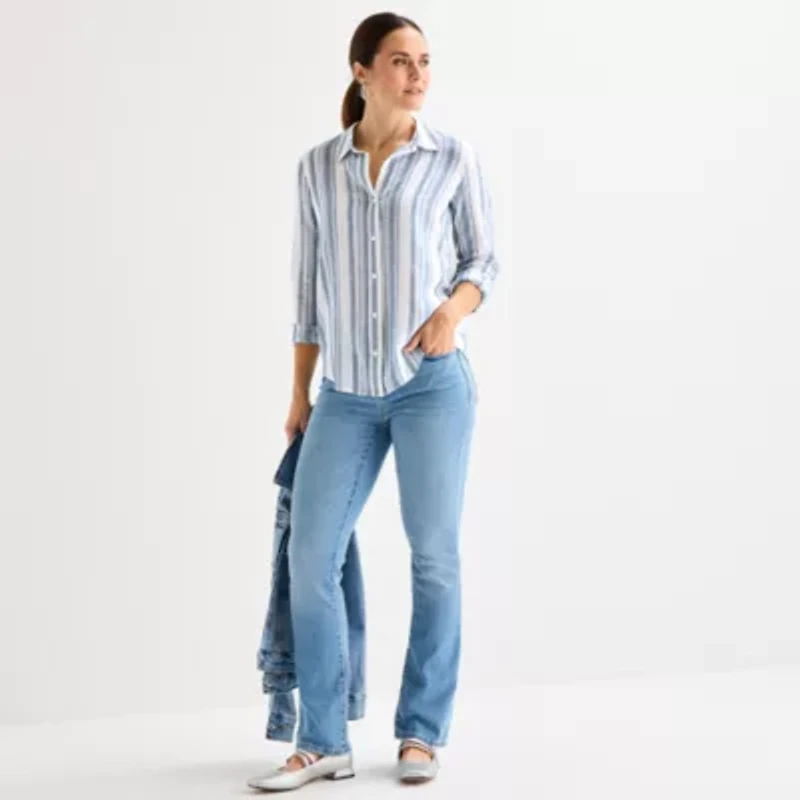 Liz Claiborne Womens Cuffed Long Sleeve Loose Fit Button-Down Shirt