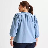 St. John's Bay Womens Plus V Neck 3/4 Sleeve Blouse