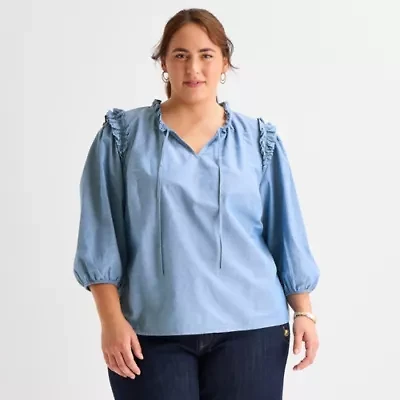 St. John's Bay Womens Plus V Neck 3/4 Sleeve Blouse