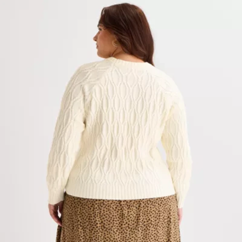 St. John's Bay Plus Womens Crew Neck Long Sleeve Striped Cable Knit Pullover Sweater