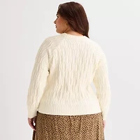 St. John's Bay Plus Womens Crew Neck Long Sleeve Striped Cable Knit Pullover Sweater