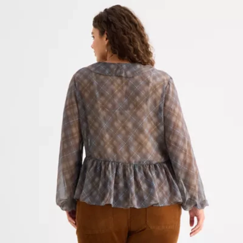 a.n.a Womens Split Tie Neck Long Sleeve Plus Blouse
