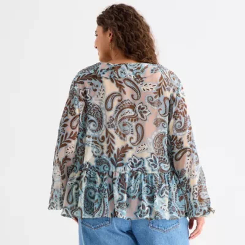 a.n.a Womens Plus Split Tie Neck Long Sleeve Blouse